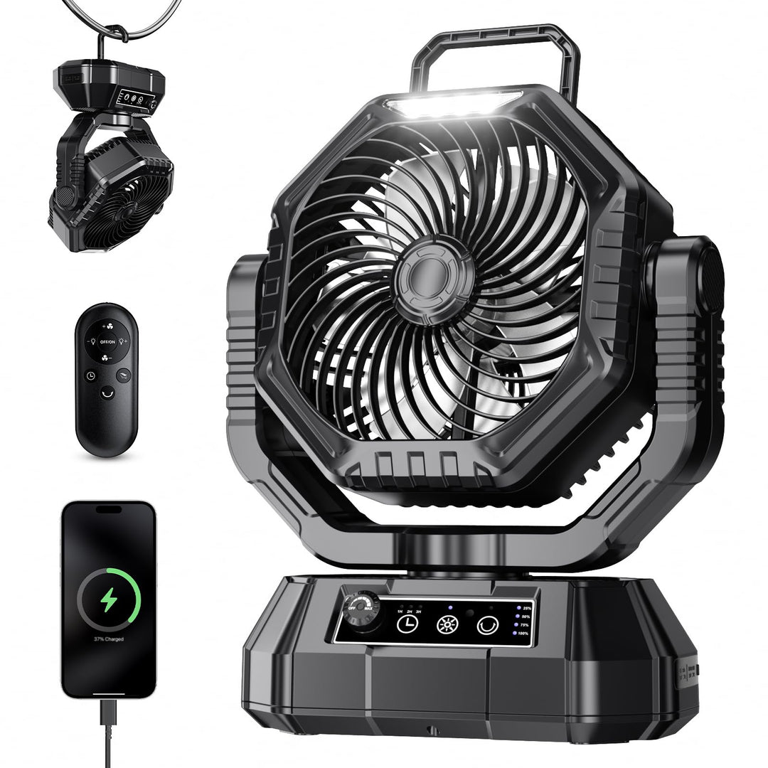 AJVV Camping Ventilator mit akku 20000mAh, Akku Ventilator mit Fernbedienung/LED Licht/270° Drehung,