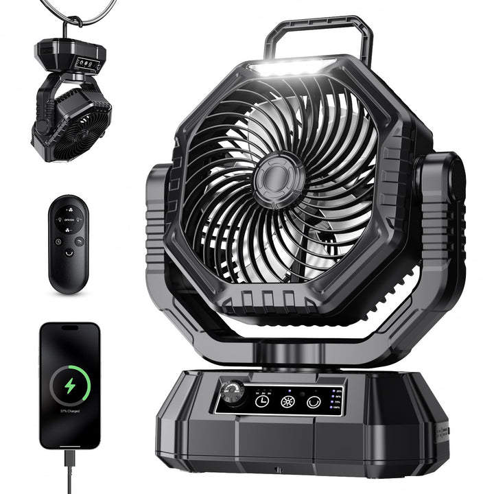 AJVV Camping Ventilator mit akku 20000mAh, Akku Ventilator mit Fernbedienung/LED Licht/270° Drehung,
