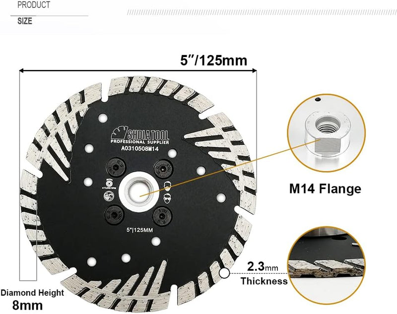 SHDIATOOL Diamant-Trennscheibe 2 Stück 125mm x M14 mit Turbo Schrägen Schutzzähnen für Beton Backste