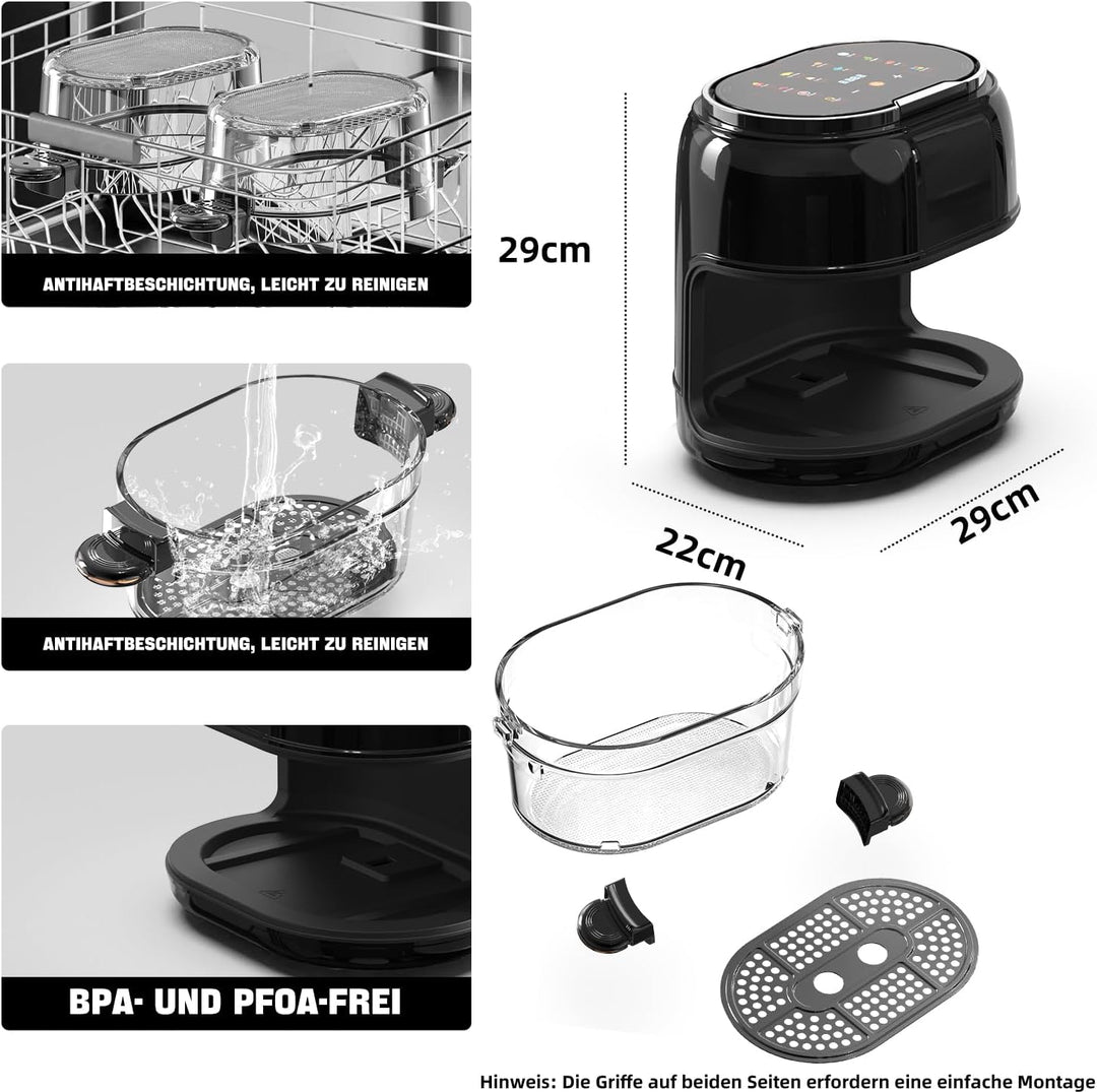 Heissluftfritteuse, 9-in-1 Airfryer 5L Transparenter Frittierkorb, Rapid Air Heisslufttechnologie, T