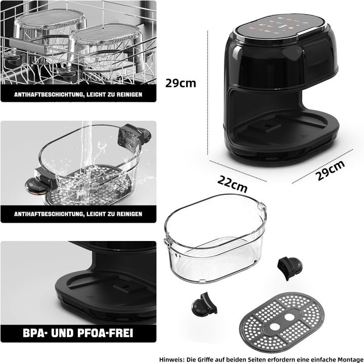Heissluftfritteuse, 9-in-1 Airfryer 5L Transparenter Frittierkorb, Rapid Air Heisslufttechnologie, T