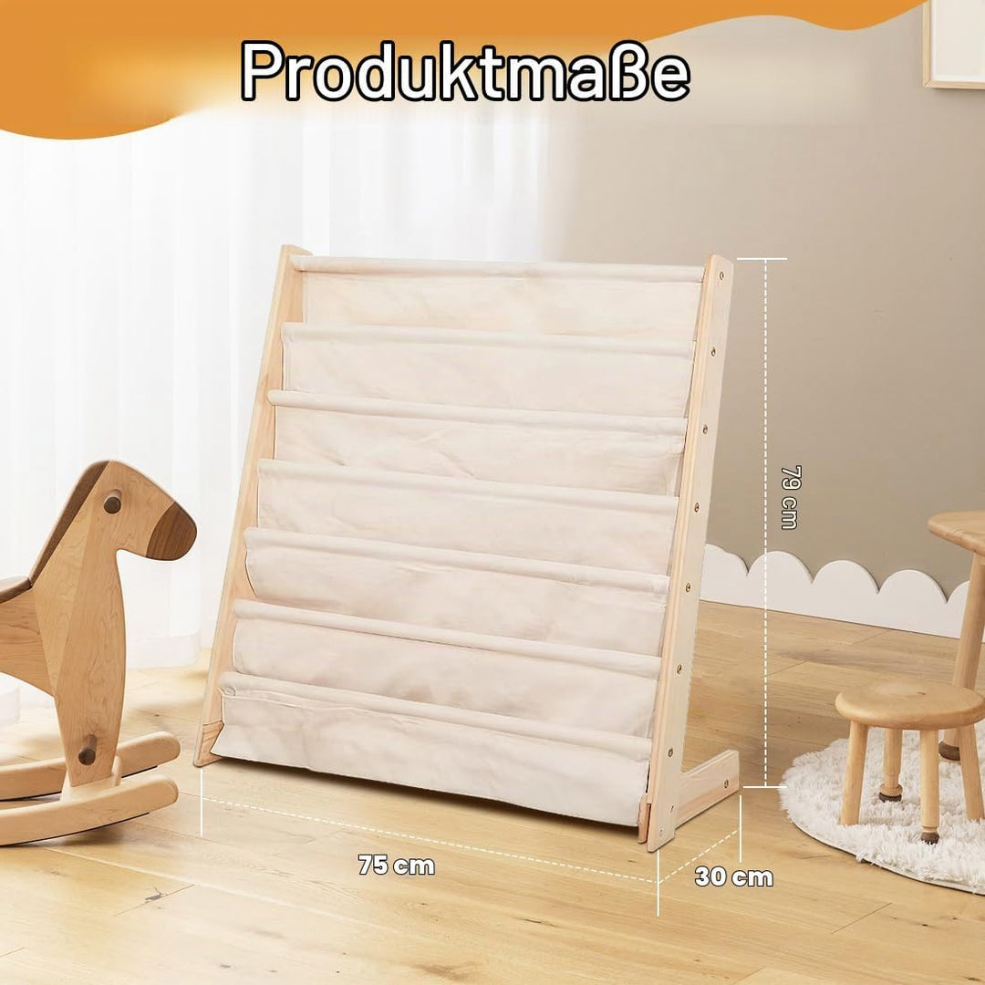 Kinder Bücherregal, 75x 30 x 79 cm Montessori Bücherregal mit 6 Ebenen und Stofffächern, Offenes Kin