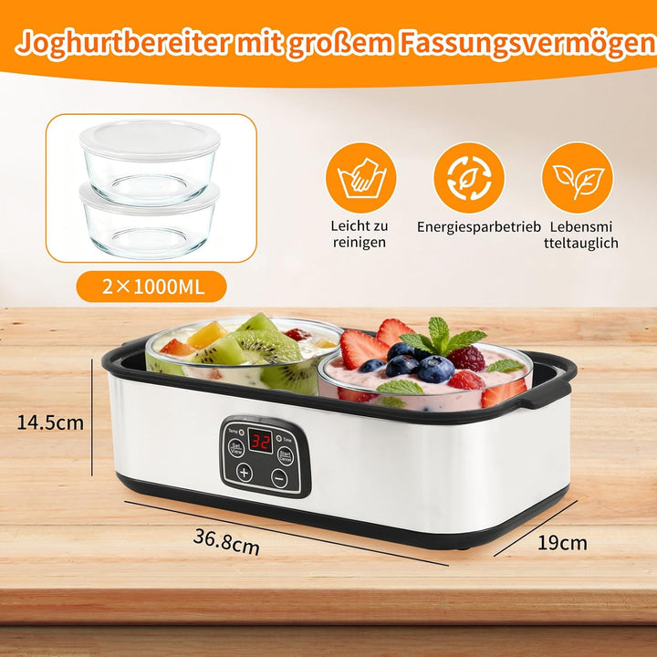 Joghurtbereiter, 2000 ml Automatischer Joghurtmaschine mit 2 Gläsern, Joghurt Maker mit Temperaturre