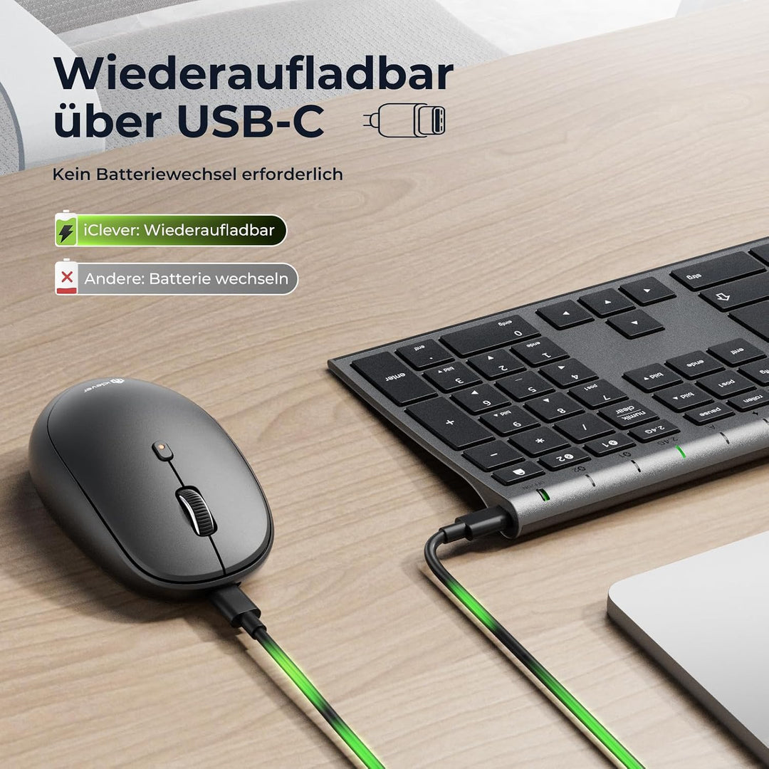 iClever Bluetooth Tastatur und Maus, Wiederaufladbare Dualmodus (Bluetooth 4.2+2.4G) Kabellose Tasta
