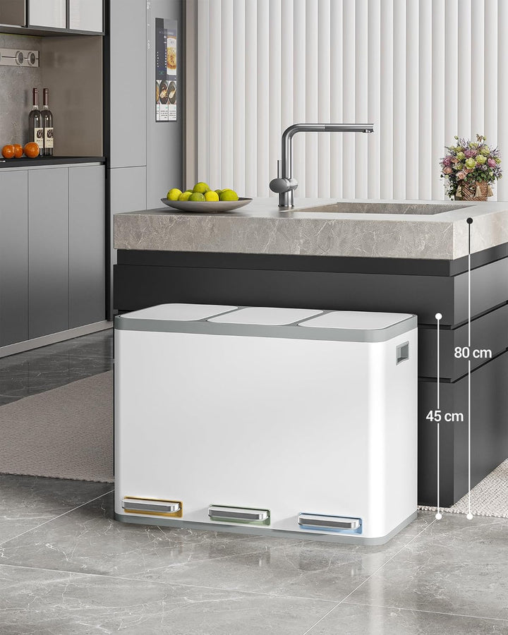 Hzuaneri Mülleimer Küche, Mülltrennsystem 3 Fächer 45L (3 x 15 L), Edelstahl-küchenmülleimer, Tretmü