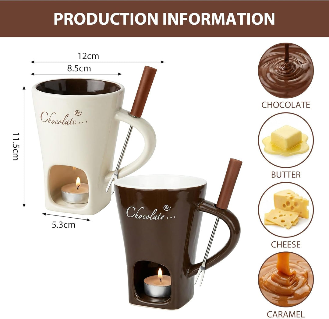 2 Set Schokofondue Tasse Keramik 130 ML - Schokofondue Set Keramik Schokoladenfondue Tasse mit Gabel