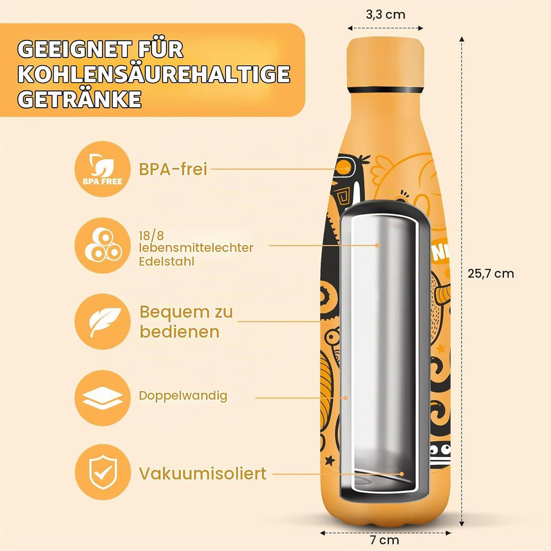 HoneyHolly Trinkflasche Edelstahl, 500ml BPA-frei, Thermosflasche, 18/8 Edelstahl, Wasserflasche Kin