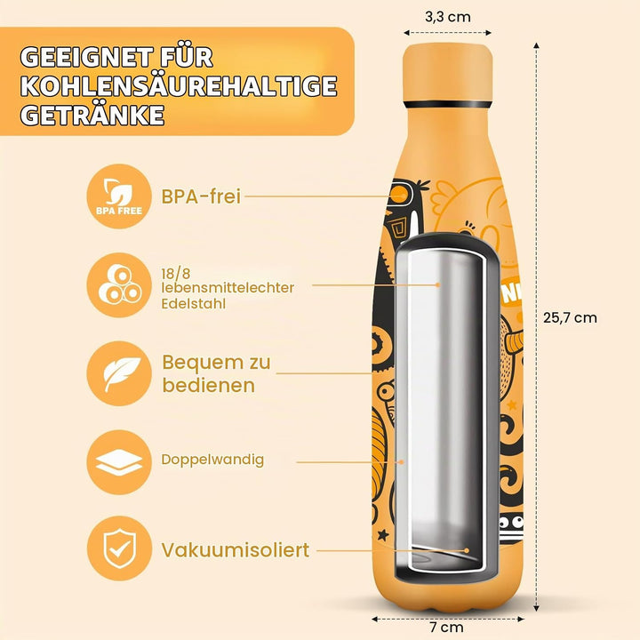 HoneyHolly Trinkflasche Edelstahl, 500ml BPA-frei, Thermosflasche, 18/8 Edelstahl, Wasserflasche Kin