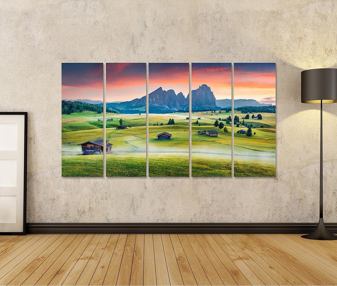islandburner Bild auf Leinwand Aufregende Morgenstimmung Compaccio Dorf Seiser Alm Alpe Di Siusi Sta