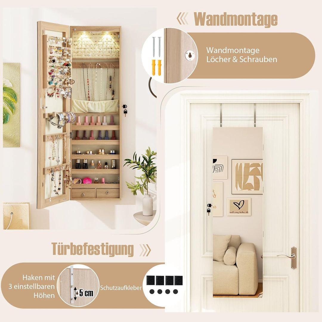 RELAX4LIFE Schmuckschrank Hängend, Spiegelschrank mit LED-Beleuchtung & Spiegel & Schloss, Schmuckor