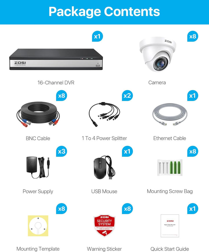 ZOSI 16CH 1080P Überwachungskamera Set Aussen, 2TB DVR mit 8X 2MP Überwachungskamera, Bewegungserken