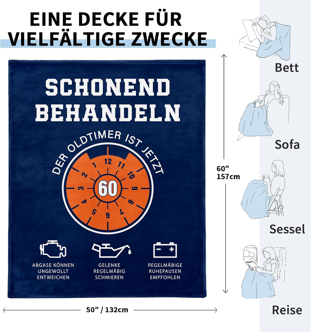 CheriGift 60 Geburtstag Mann Geschenke, Geschenk für Männer ab 60, Lustige Flanell Decke, Schonend B