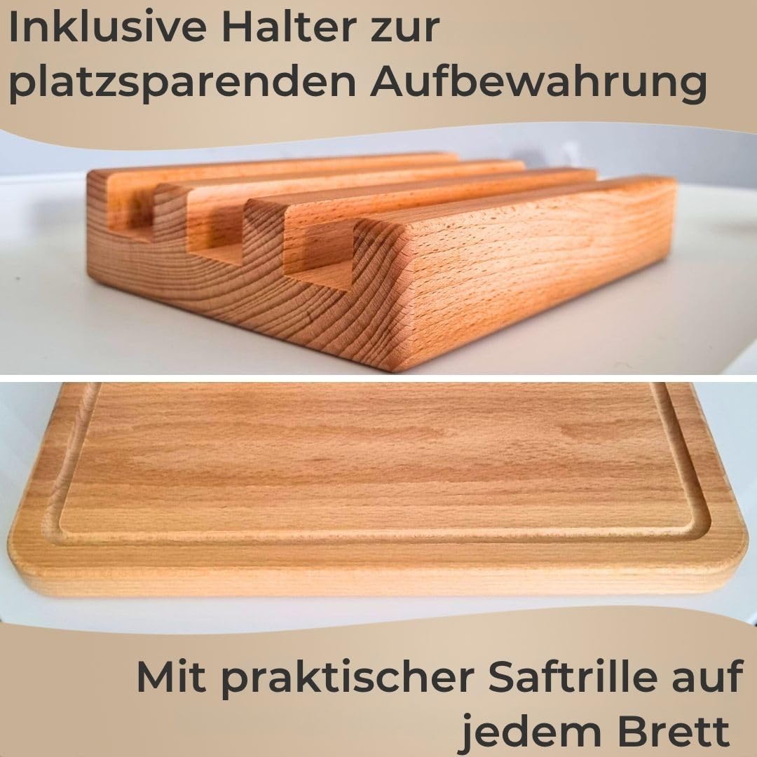 3er Schneidebrett Set - Made in EU,mit Ständer in Premium Qualität Buche, Grösse 27/30/40 cm, Küchen