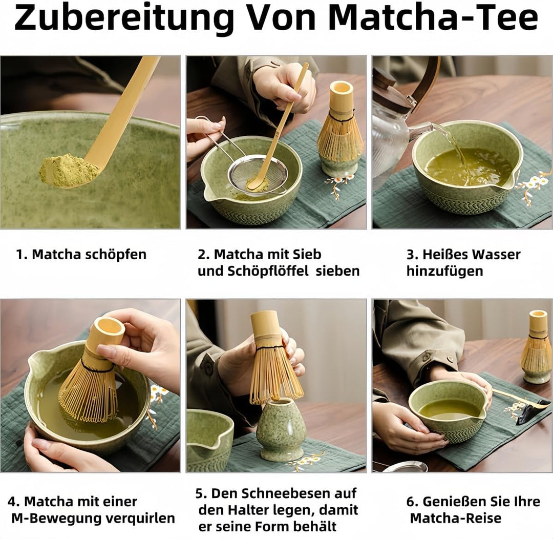 Matcha Set mit 9 Zubehörteilen | Inklusive Rezepten für Gebäck & Getränke mit Präzisionsmesslöffel |