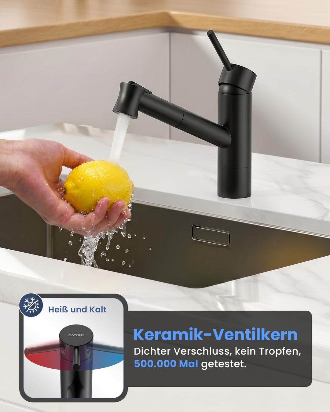 Schwarz Wasserhahn Küche 360° Drehbar, Küchenarmatur Ausziehbar mit Hohe Bogenauslauf, 2 Strahlarten
