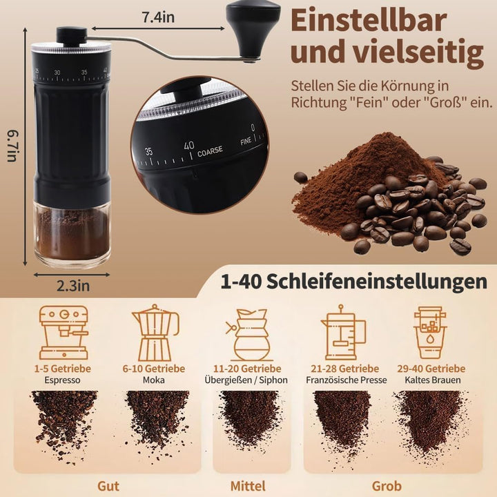 Kaffeemühle Manuell, Handmühle Kaffee Schwarz, Manuelle Kaffeemühle mit Keramikmahlwerk, 40-stufige