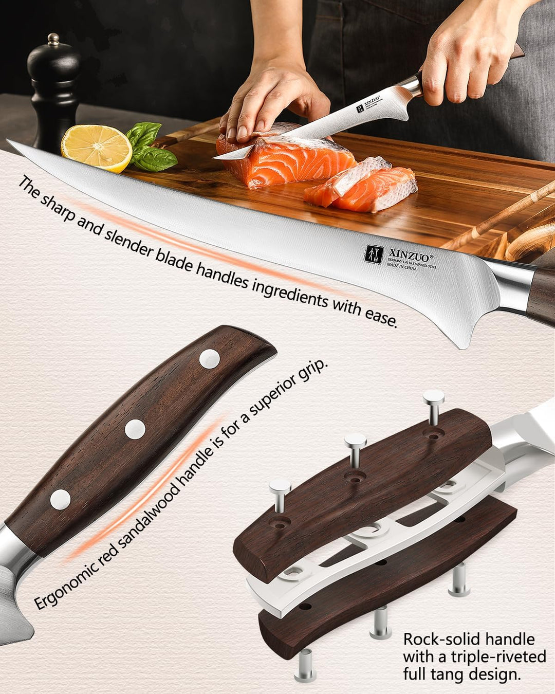 XINZUO 18,1cm Filetiermesser Deutschem 1.4116 Edelstahl,Profi Fischmesser Kochmesser,Multifunktions