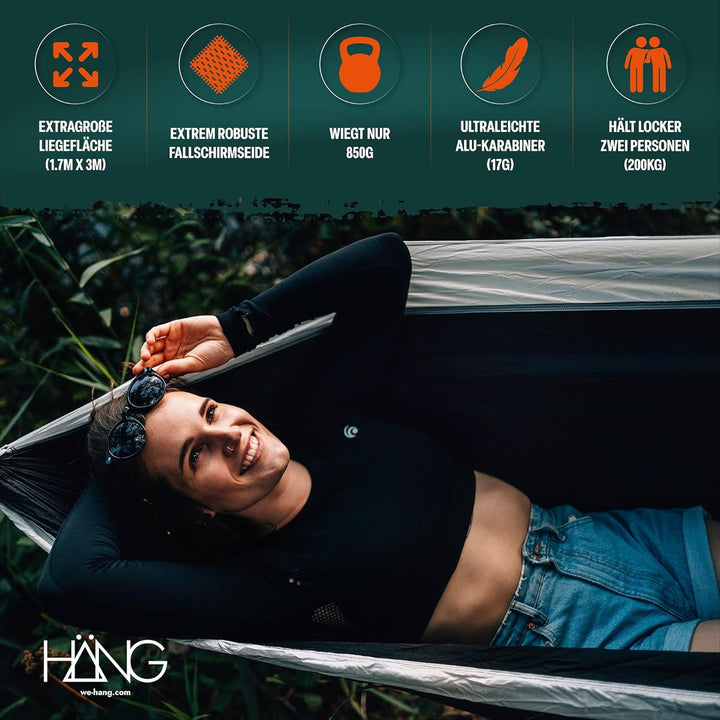 HÄNG® Camping Hängematte Outdoor aus Nylon Fallschirmseide für 2 Personen - 300 x 170cm Mobile Ultra