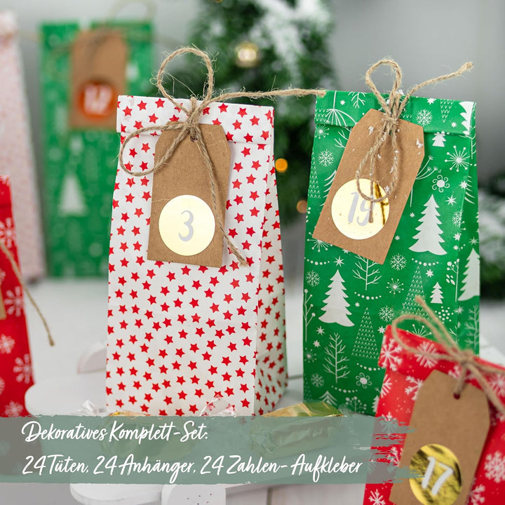 Papierdrachen Adventskalender zum Befüllen - 24 Bedruckte Geschenktüten und 24 Zahlenaufkleber und K