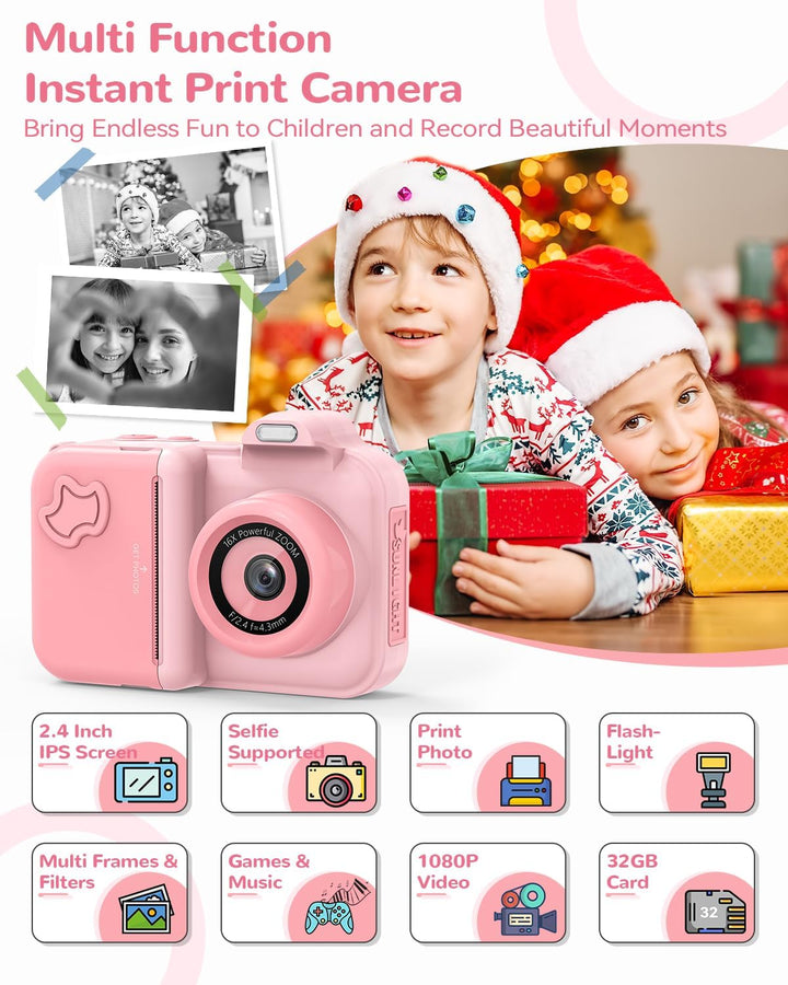 Sofortbildkamera Kinder, 24MP 2.4 Zoll Bildschirm Kinderkamera Sofortbildkamera mit Selfie, 32G Kart