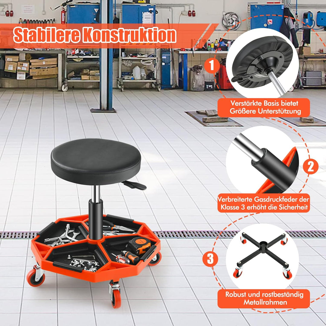 GOPLUS Werkstatthocker 41-56cm höhenverstellbar, Rollhocker mit Werkzeugablage & 4 Universalrädern,