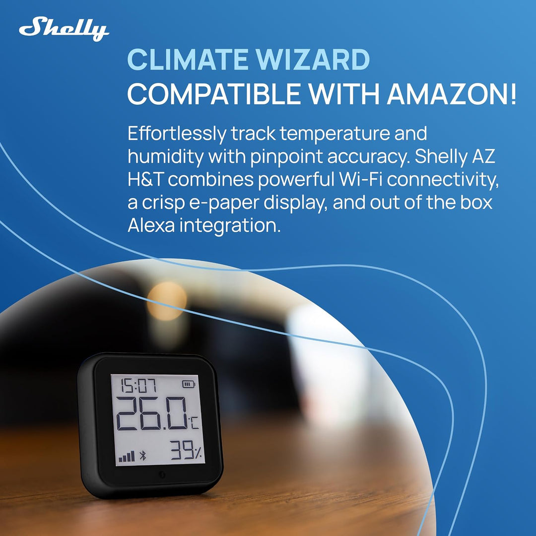 Shelly AZ H&T Schwarz, WLAN Smart Temperatur- und Feuchtigkeitssensor, Schnelle Verbindung mit Alexa