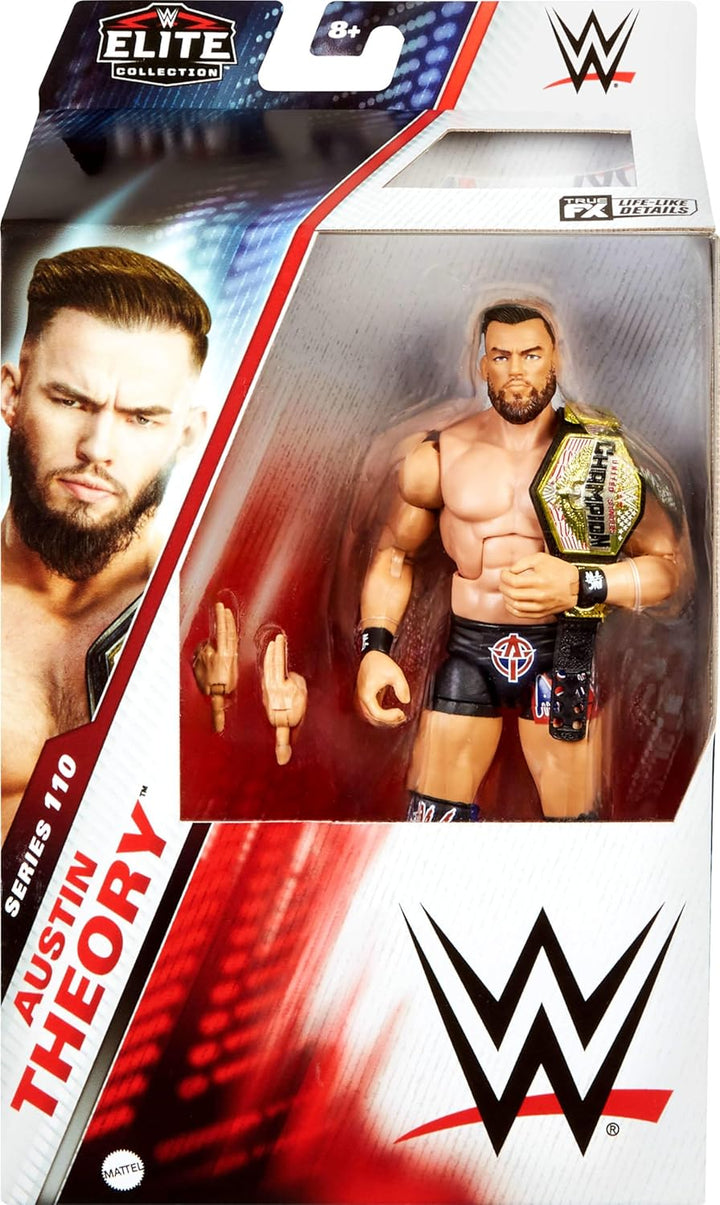 Mattel WWE Elite Actionfigur & Zubehör, Serie #110 Austin Theory 15,2 cm Sammlerstück mit 25 Gelenkp