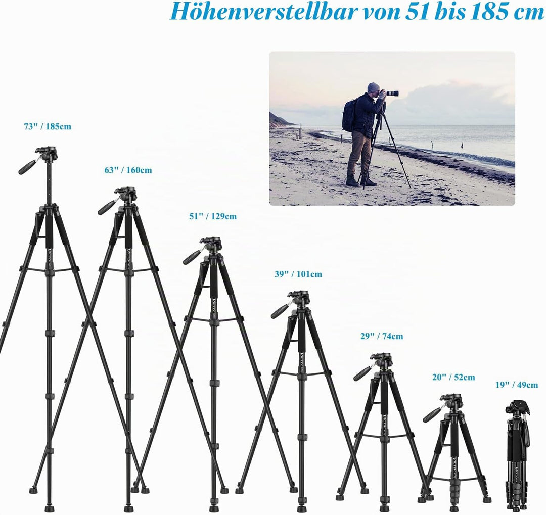 Victiv Kamera Stativ mit 52–160-185cm Höhe, leichtes Camera Tripod mit Abnehmbar 3-Wege-Kopf, Alumin