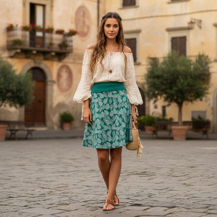 GURU SHOP Minirock aus Bio-Baumwolle, Boho Tellerrock Herbstlaub Print Organic, Damen 36 Emerald, 36