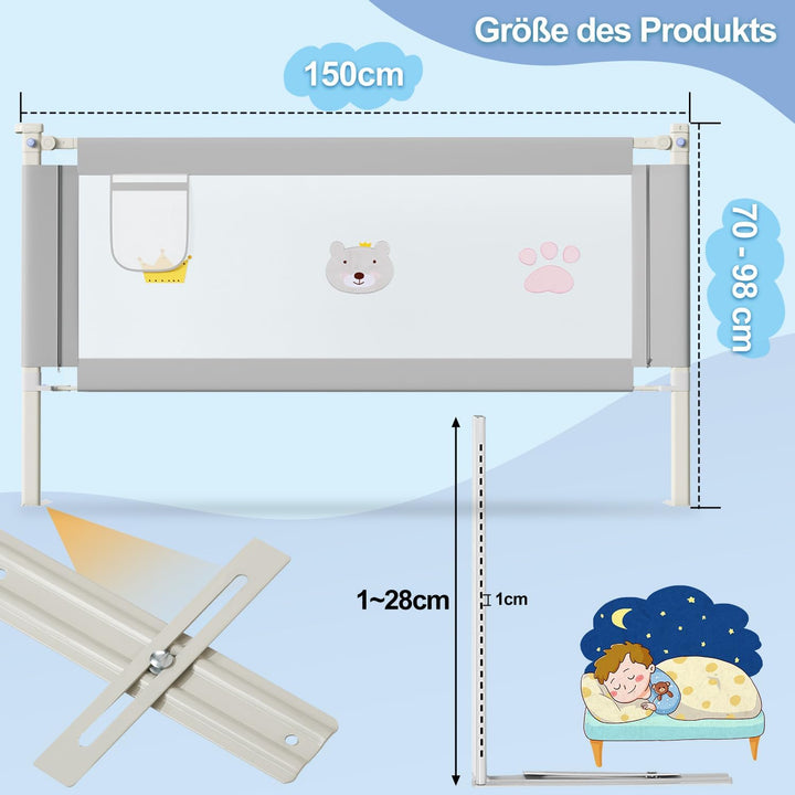 Ikodm Bettgitter 150cm, 70-98 cm Höhenverstellbar, Babybettgitter für Kleinkinder, Rausfallschutz Be