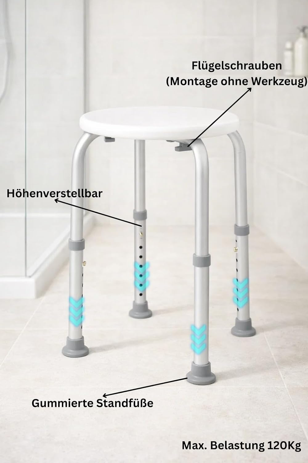 Duschhocker Badhocker Hocker | rund weiss höhenverstellbar | handlich leichte Montage