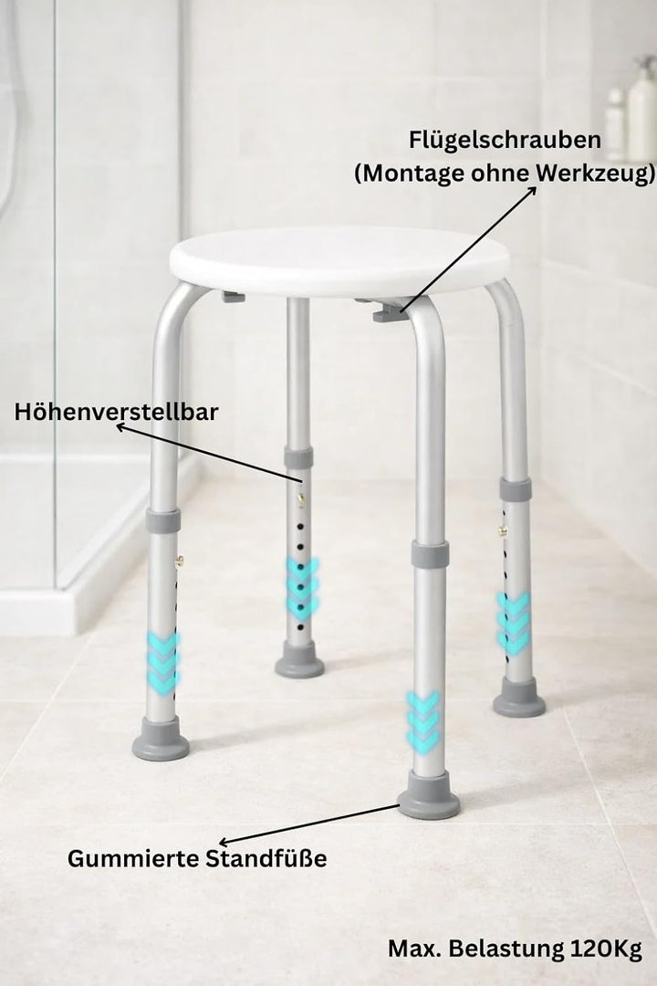 Duschhocker Badhocker Hocker | rund weiss höhenverstellbar | handlich leichte Montage