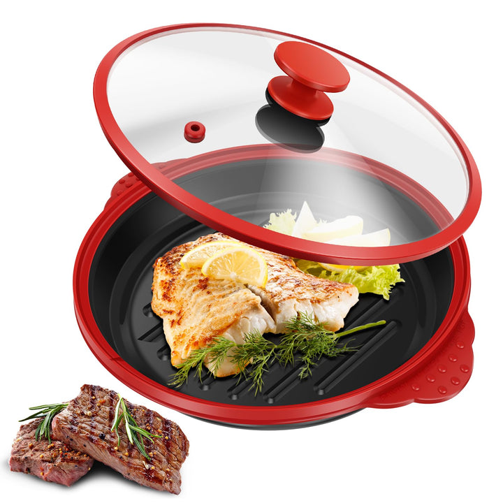 Mikrowellen Grillpfanne mit Deckel,Sicher Microwave Grill Pan mit Verbrühungsschutz und Antihaft,gle