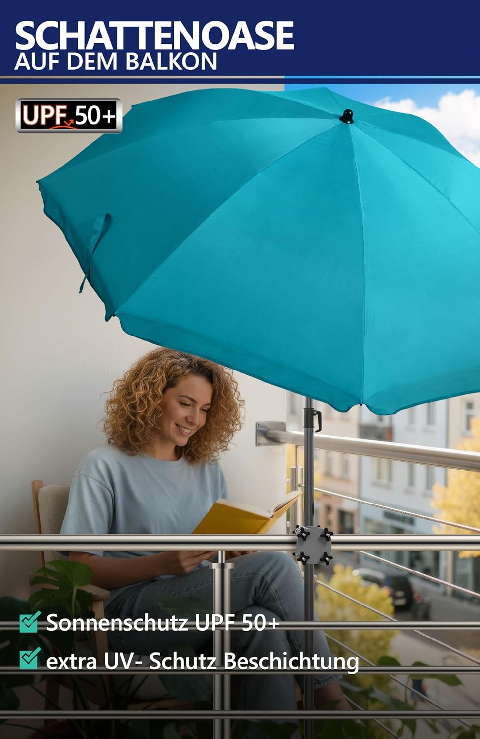 4smile Sonnenschirm Balkon SunnyJoy, 3-in-1 SET, Türkis - UPF 50+ Sonnenschirm Ø 160 cm + SunnyGuy S