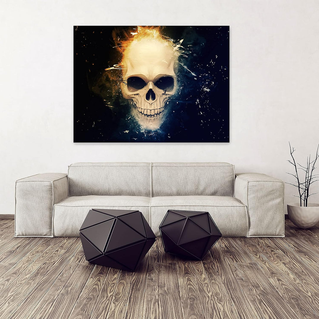 wandmotiv24 Totenkopf Wandbild aus Acrylglas, Grösse 80x60cm, Querformat, Schädel Blau Orange, Rauch