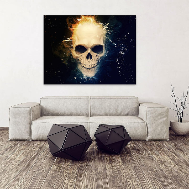 wandmotiv24 Totenkopf Wandbild aus Acrylglas, Grösse 80x60cm, Querformat, Schädel Blau Orange, Rauch