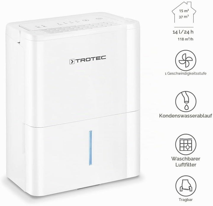TROTEC Luftentfeuchter elektrisch TTK 32 E – Leistung 14 L/Tag – Fläche 15 m² / 37 m³ – mit Autoabsc
