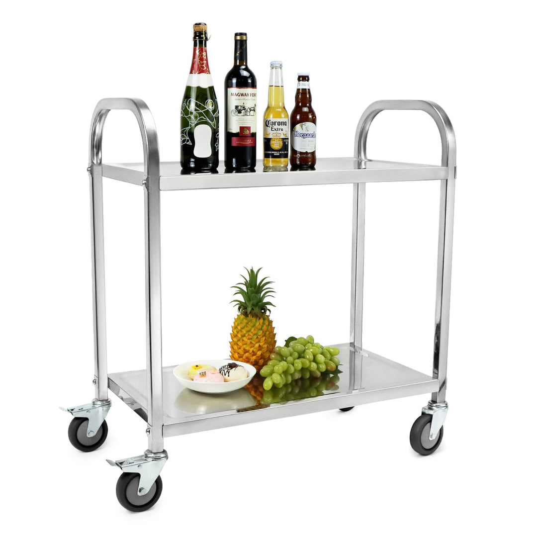 QWORK® 2-Etagen Edelstahl Servierwagen Teewagen Reinigungswagen - 75 x 40 x 83,5 cm - Leise Räder mi