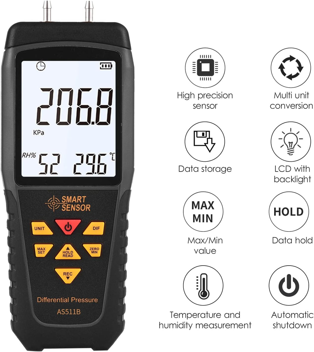 KKnoon AS511B Digitales Differenzdruckmessgerät -206,8~206,8 KPA Manometer Luftgasdruckprüfgerät mit
