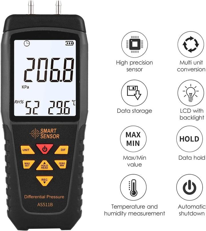 KKnoon AS511B Digitales Differenzdruckmessgerät -206,8~206,8 KPA Manometer Luftgasdruckprüfgerät mit