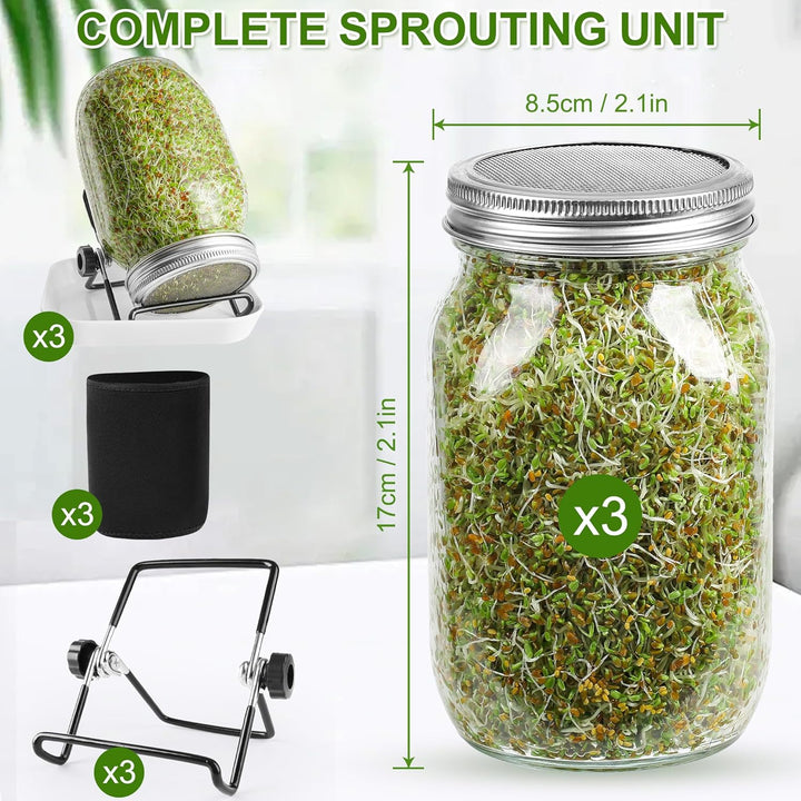 Sprossenglas 3er Set, 1000ml Keimglas für Sprossen mit Deckeln und Haltern Verdunklungshüllen und Sc