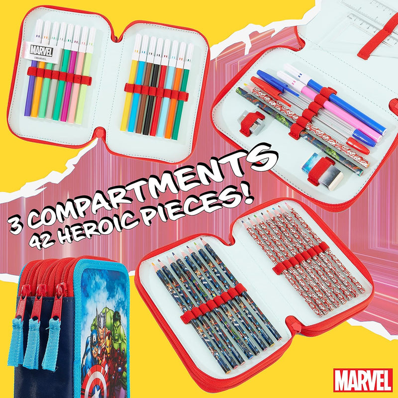 Marvel Federmäppchen für Jungen, Federmäppchen, Fächer, gefüllt, für Schule, Filz, Buntstift, Gesche