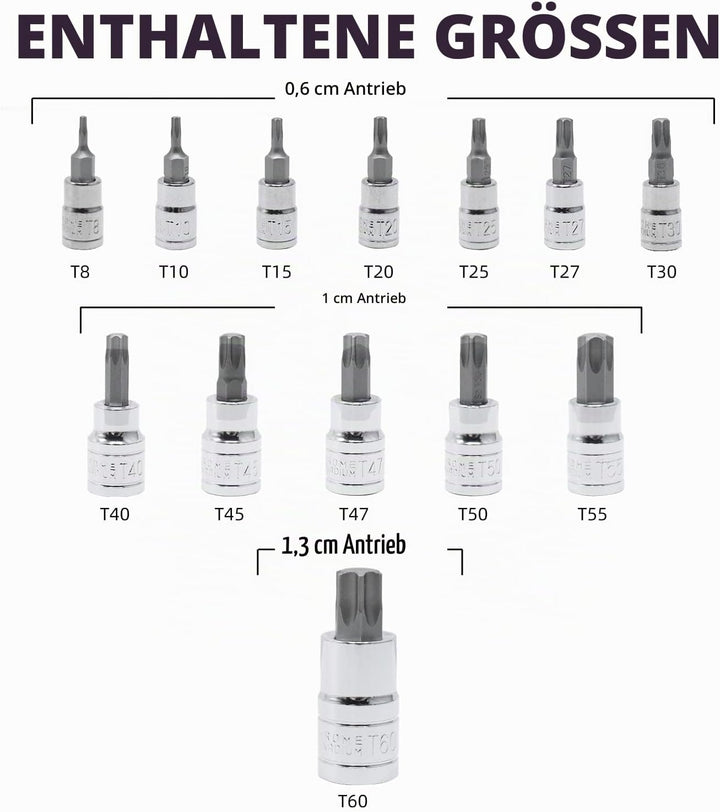 CCLIFE 13tlg Torx Bit Steckschlüsselsatz T8 -T60 bit set fur Drehmomentschlüssel und Bohrer, S2 Legi