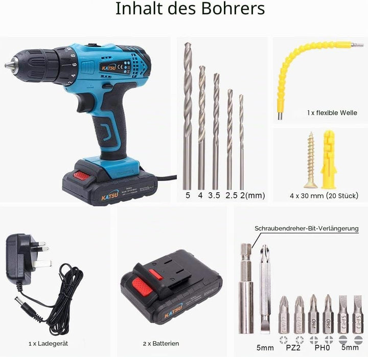Katsu Akku-Bohrschrauber 18 V mit Zubehörset + biegsamer Schaft + Doppelbohrer + 5 Bohrer + 6 Schrau
