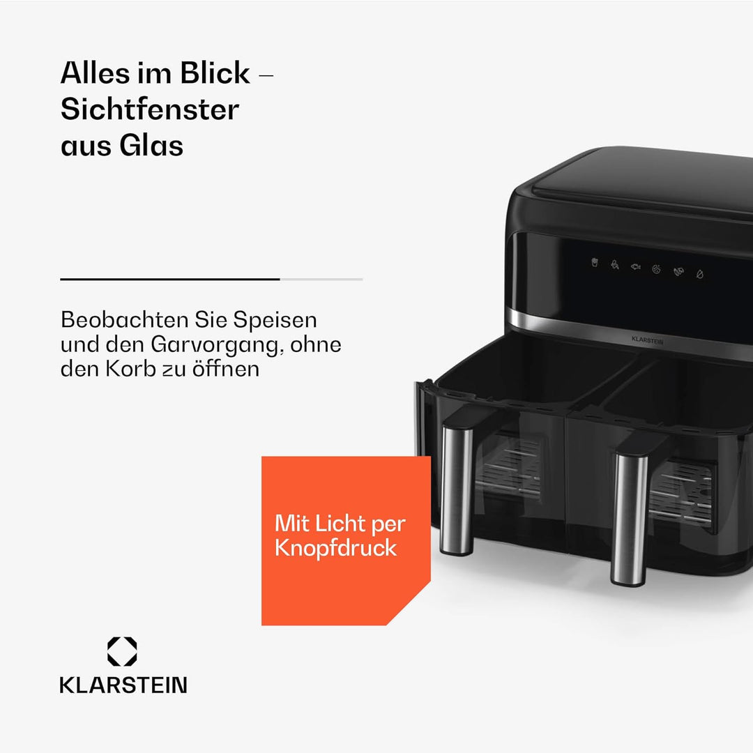 Klarstein Heissluftfritteuse, Airfryer mit 2 Kammern, 2850W Kompakte Heissluftfritteuse, 7,6L Luft-F