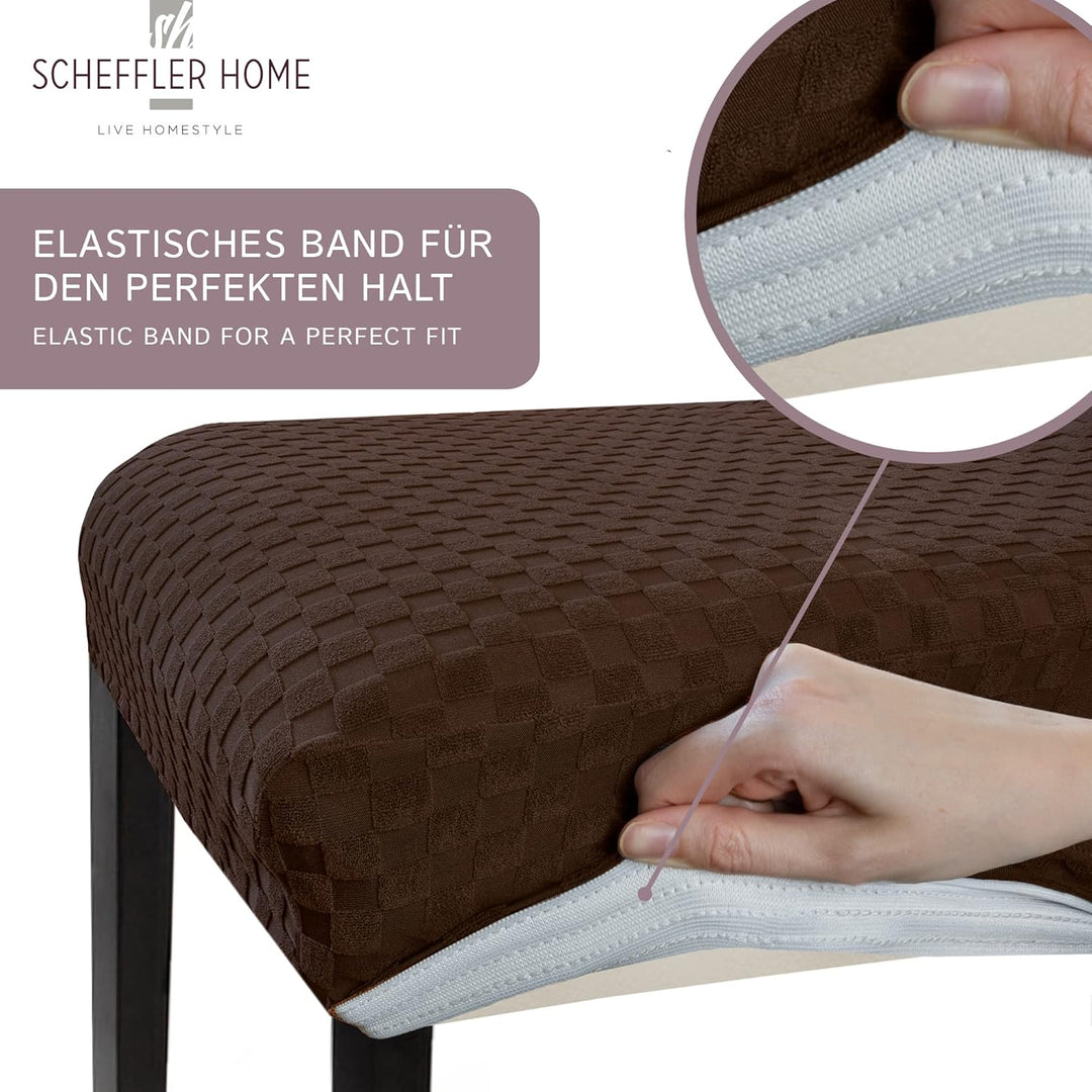 SCHEFFLER-Home Stuhlhussen Stretch Emil/Stretch Stuhlhussen Braun 4er Set/elastische Stuhlabdeckunge