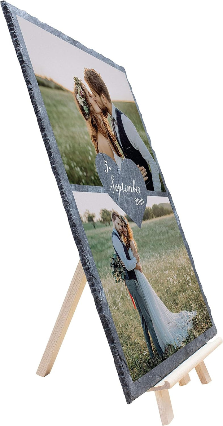 wandmotiv24 Schiefertafel Hochzeit mit Staffelei, Personalisierbar Digitaldruck 2 Farb-Fotos + Datum