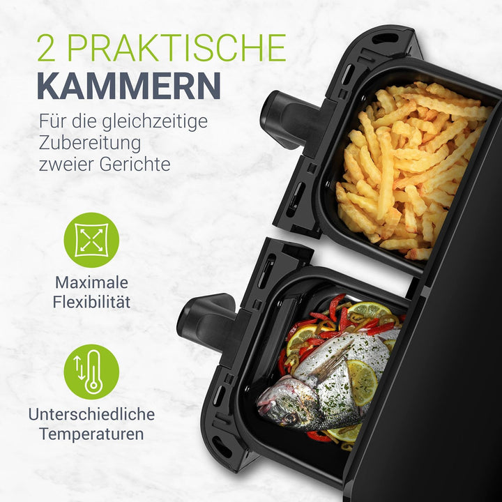Juskys Heissluftfritteuse 9 L Doppelkammer - XXL Fritteuse mit 2 Körben, 9 Programme, Smart Finish,
