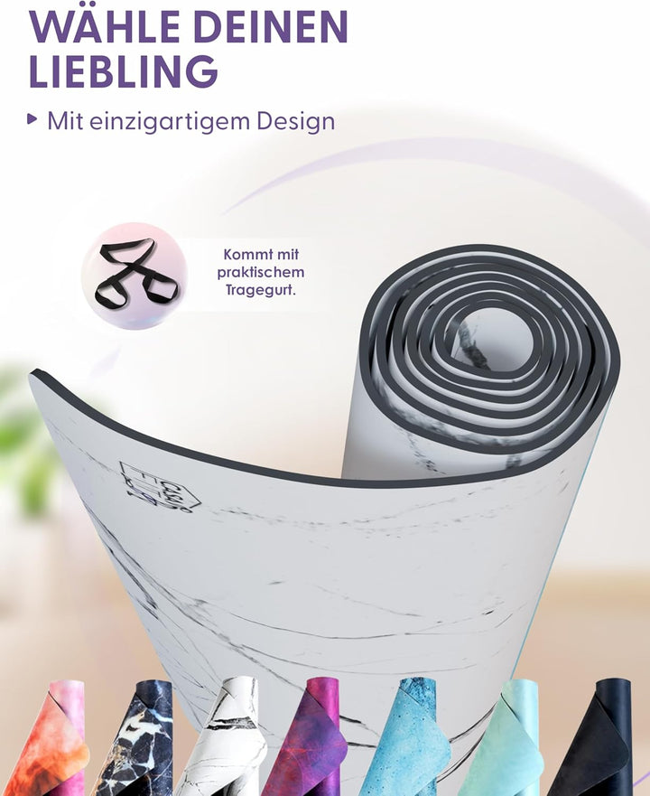 Fitnessmatte, Yogamatte aus umweltfreundlichem Naturkautschuk und rutschfest mit Design und Tragegur