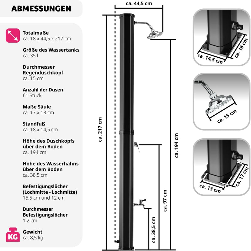 tectake® Solardusche 35 Liter, Gartendusche Regenduschkopf und Wasserhahn, warmes Wasser für Garten,